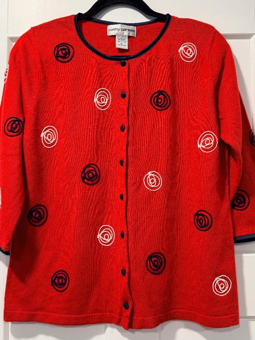 Vintage Cathy Daniels Red Button-Front Sweater w/ White & Navy Blue Swirls
